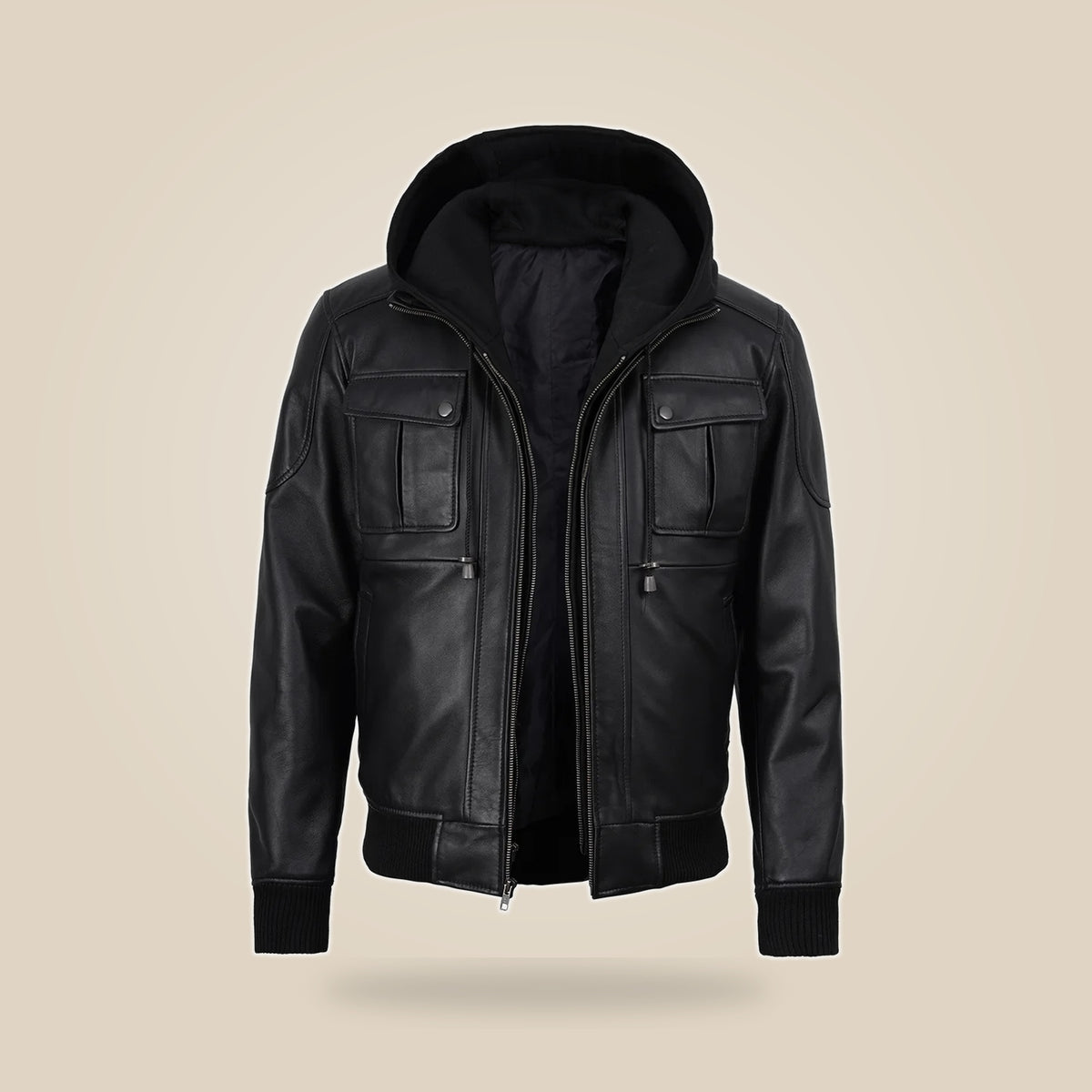 Men's Black Real Leather Bomber Jacket With Detachable Hood - inner view by MOTOGRIP GEAR