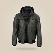 Men's Olive Green Real Leather Jacket With Removable Hood - inner view by MOTOGRIP GEAR