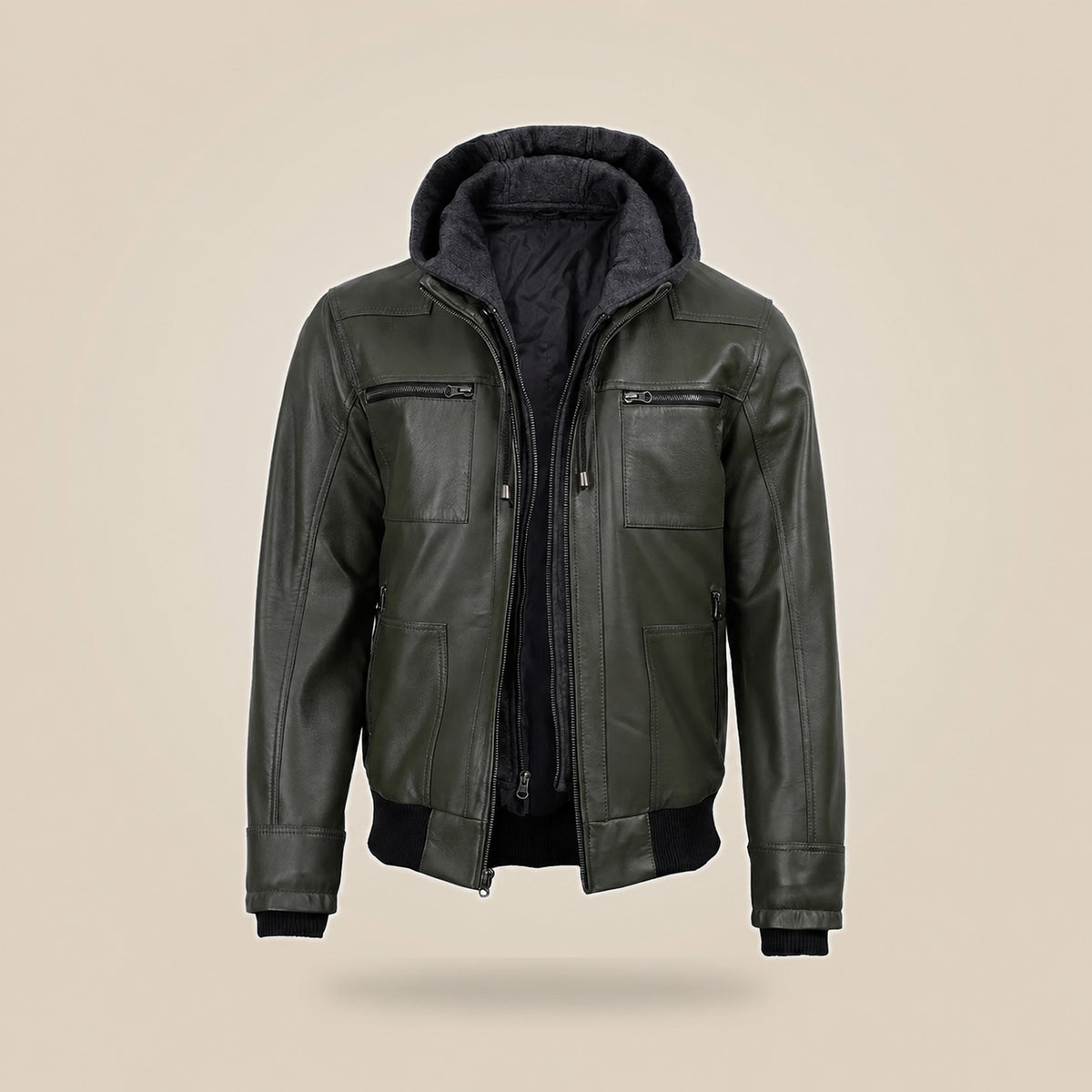 Men's Olive Green Real Leather Jacket With Removable Hood - inner view by MOTOGRIP GEAR