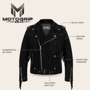 Men's Suede Fringe Biker Jacket - mens black suede fringe biker jacket infographic view by MOTOGRIP GEAR