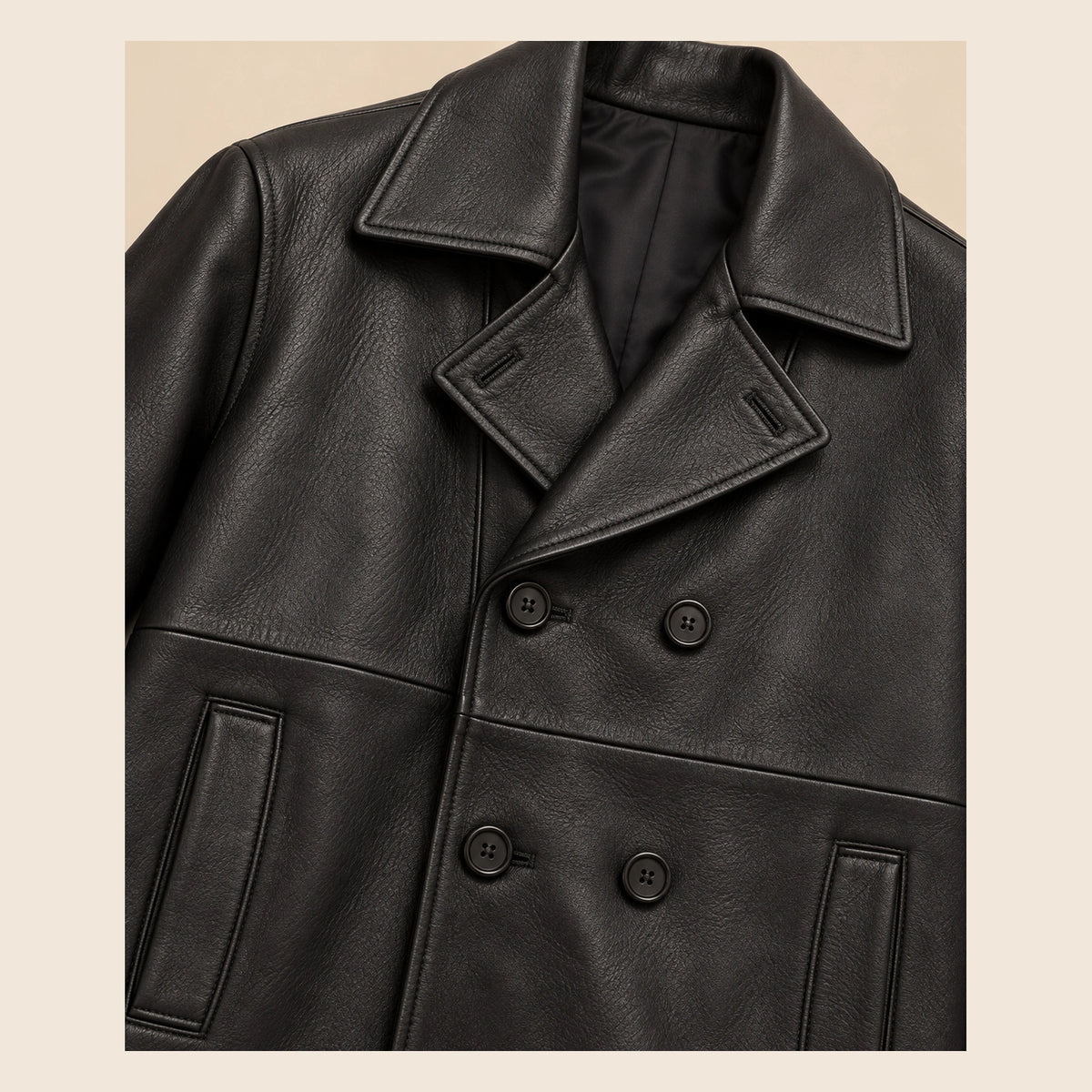 MOTOGRIP Ashvale men's Black Sheepskin Leather Trench Coat, close-up of leather and construction details.