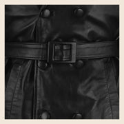 MOTOGRIP Bramwell men's 1970s Black Leather Trench Coat, close-up of the waist belt and buttons.