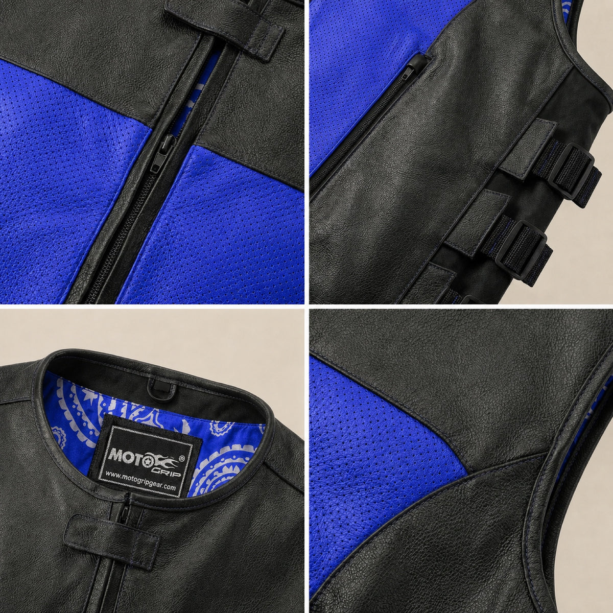 Men's Black & Blue Perforated Leather Motorcycle Vest - motogrip mens black blue perforated leather motorcycle vest close up