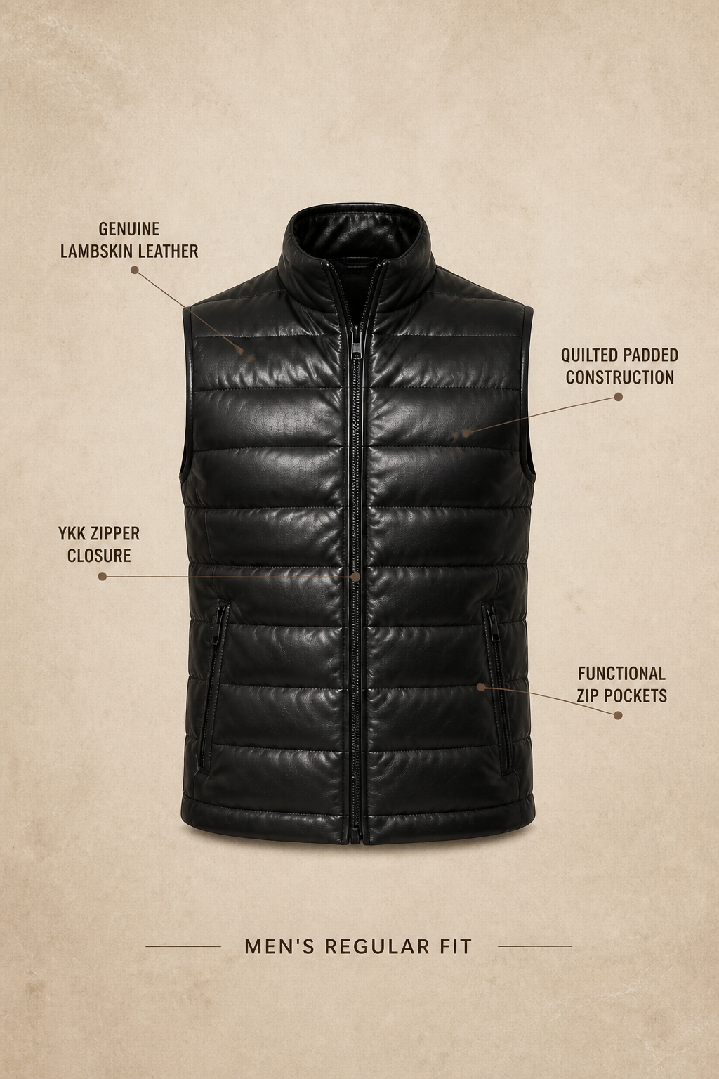 Men's Black Quilted Lambskin Leather Puffer Vest - motogrip mens black lambskin leather puffer vest infographic view by MOTOG