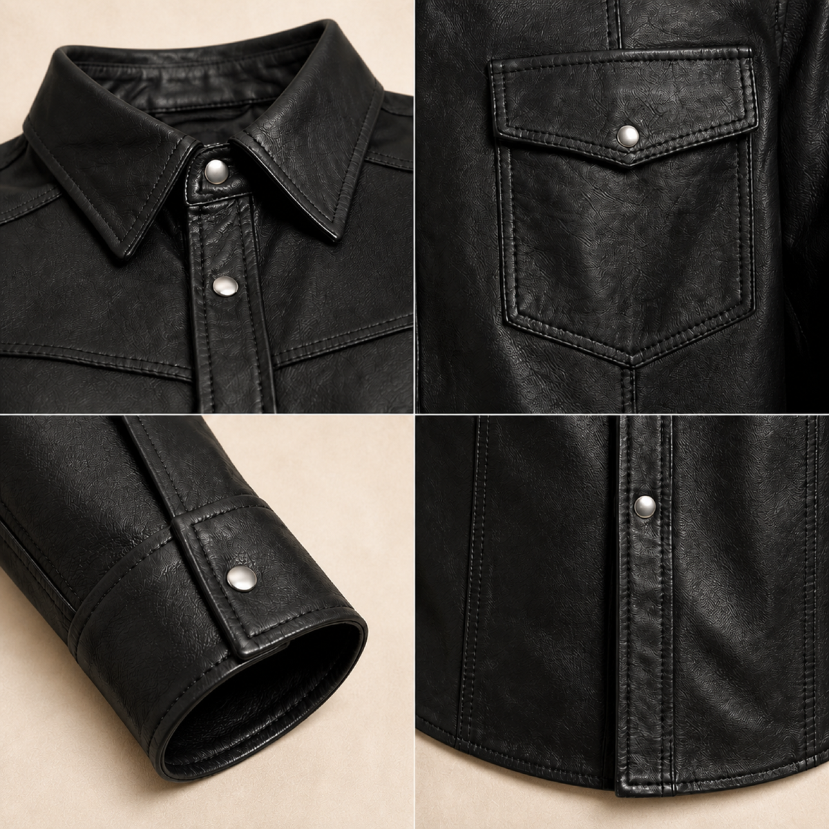 Men's Black Lambskin Leather Biker Shirt - motogrip mens black lambskin leather shirt close up view by MOTOGRIP GEAR