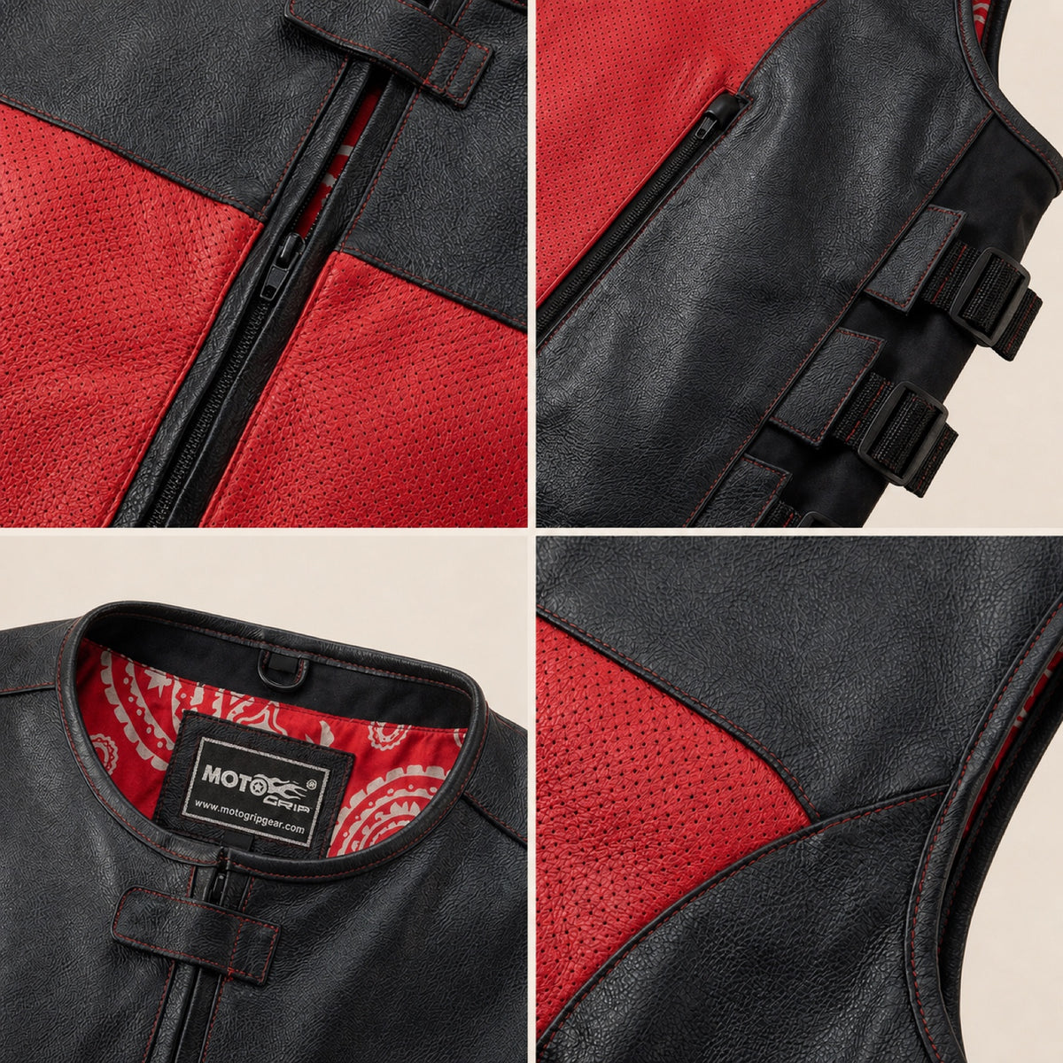 Men's Black & Red Perforated Leather Motorcycle Vest - motogrip mens black red perforated leather motorcycle vest close up vi