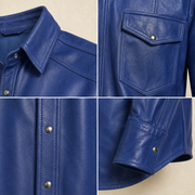 Men's Blue Lambskin Leather Biker Shirt - motogrip mens blue lambskin leather shirt close up view by MOTOGRIP GEAR