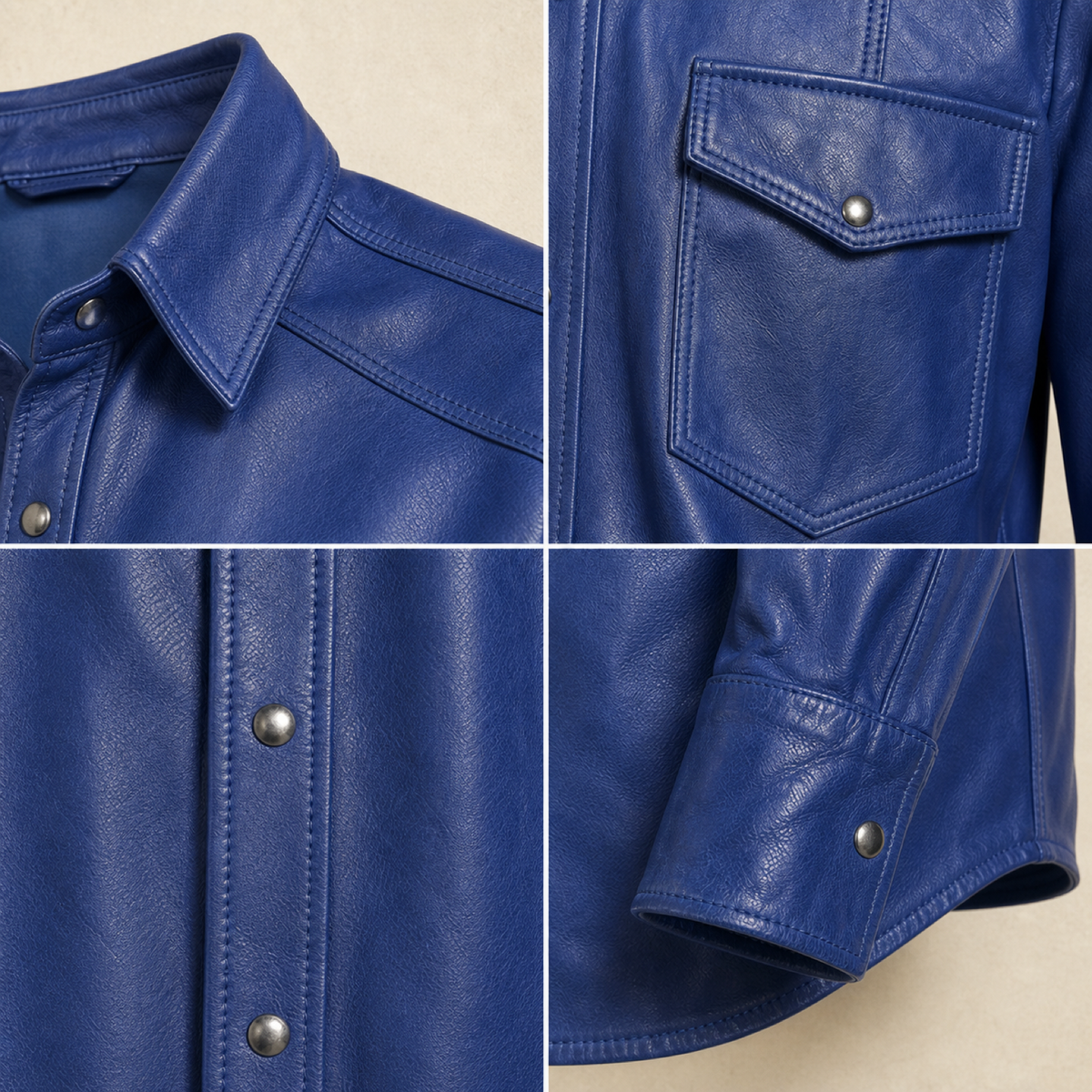Men's Blue Lambskin Leather Biker Shirt - motogrip mens blue lambskin leather shirt close up view by MOTOGRIP GEAR