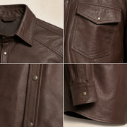 Men's Brown Lambskin Leather Biker Shirt - motogrip mens brown lambskin leather shirt close up view by MOTOGRIP GEAR