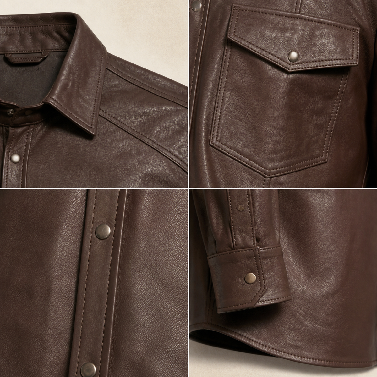 Men's Brown Lambskin Leather Biker Shirt - motogrip mens brown lambskin leather shirt close up view by MOTOGRIP GEAR