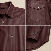 Men's Burgundy Lambskin Leather Biker Shirt - motogrip mens burgundy lambskin leather shirt close up view by MOTOGRIP GEAR