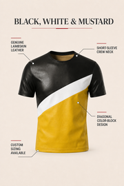 MOTOGRIP lambskin leather T-shirt infographic highlighting its color-block design and custom sizing