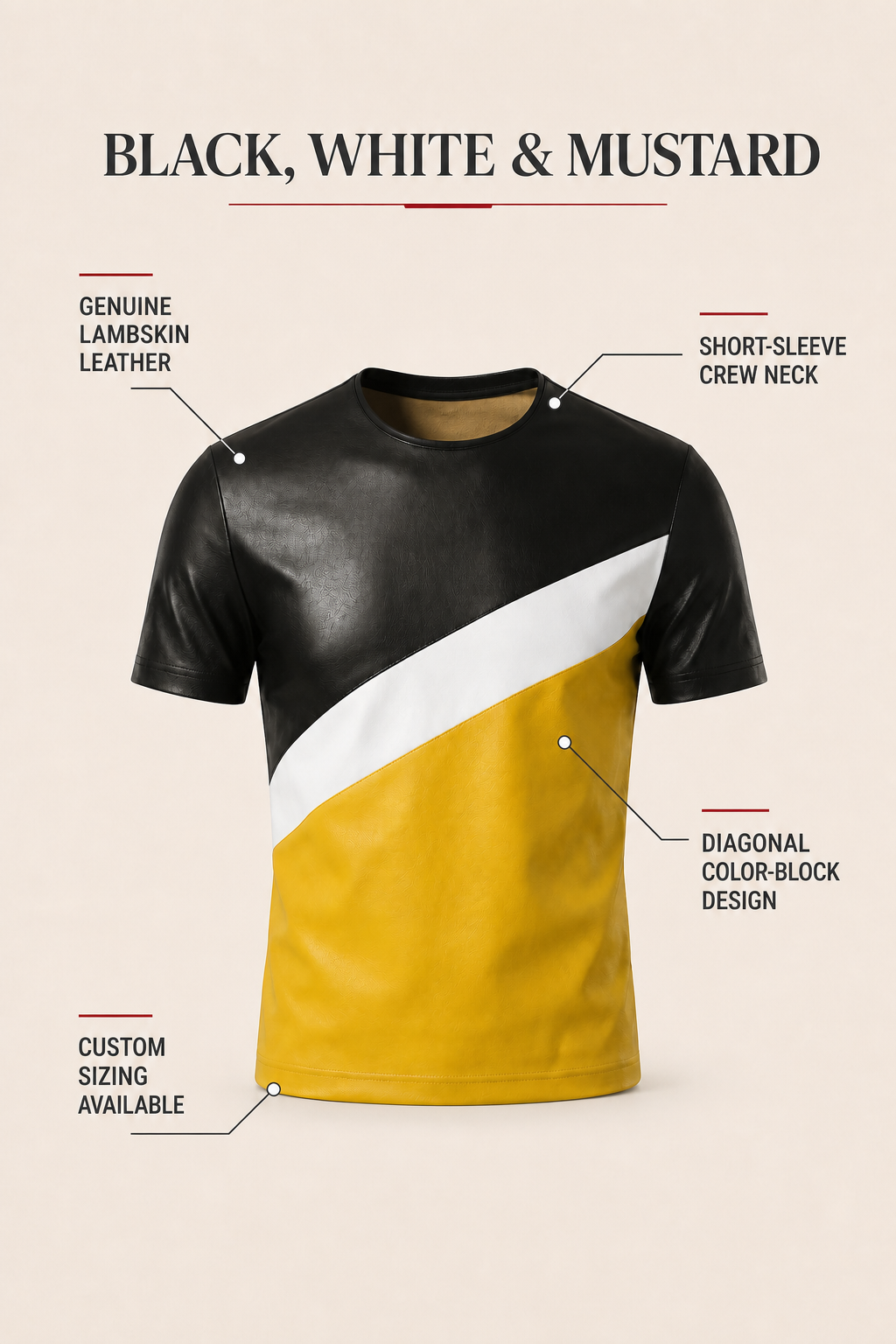 MOTOGRIP lambskin leather T-shirt infographic highlighting its color-block design and custom sizing
