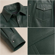 Men's Forest Green Lambskin Leather Shirt - motogrip mens forest green lambskin leather shirt close up view by MOTOGRIP GEAR
