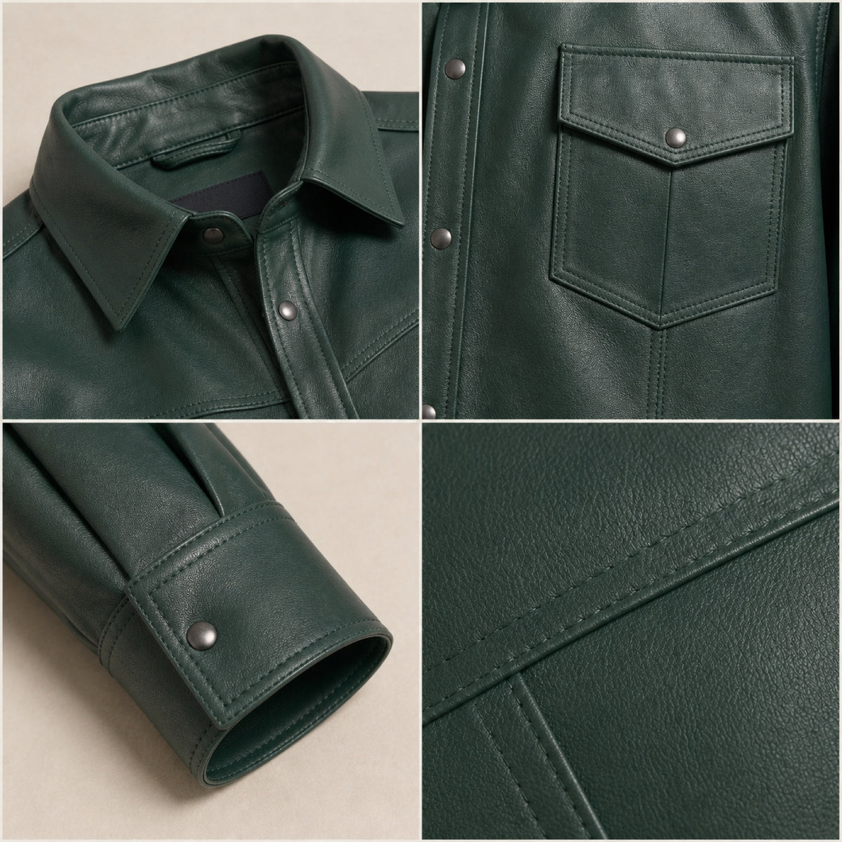 Men's Forest Green Lambskin Leather Shirt - motogrip mens forest green lambskin leather shirt close up view by MOTOGRIP GEAR
