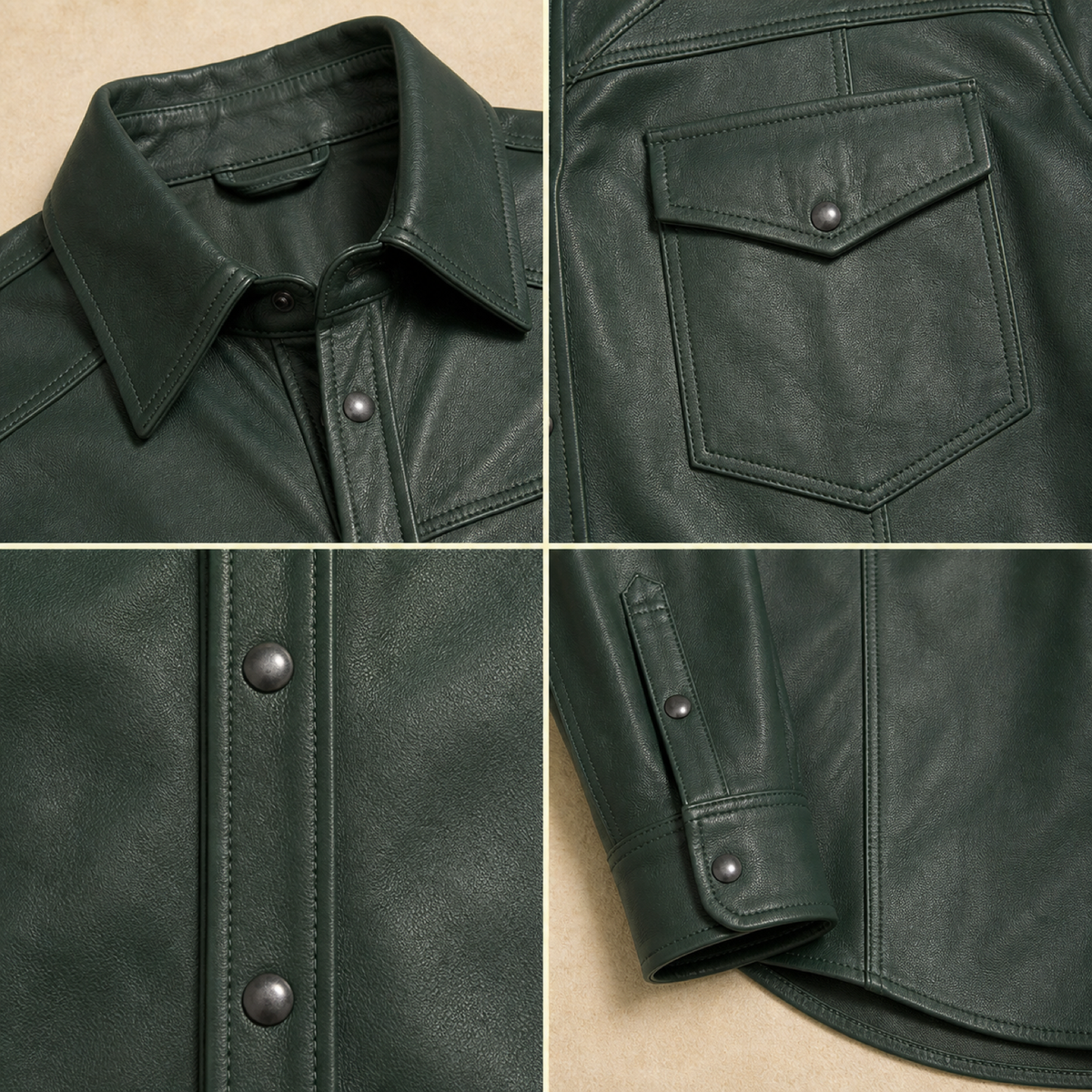 Men's Green Lambskin Leather Biker Shirt - motogrip mens green lambskin leather shirt close up view by MOTOGRIP GEAR