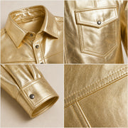 Men's Metallic Gold Lambskin Leather Shirt - motogrip mens metallic gold lambskin leather shirt close up view by MOTOGRIP GEA