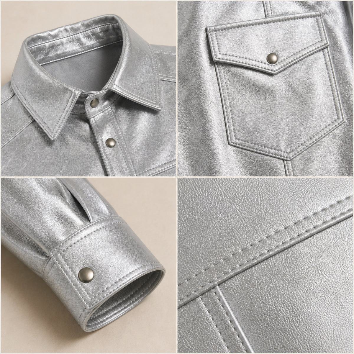 Men's Metallic Silver Lambskin Leather Shirt - motogrip mens metallic silver lambskin leather shirt close up view by MOTOGRIP