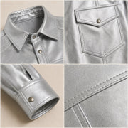 Men's Metallic Silver Lambskin Leather Shirt - motogrip mens metallic silver lambskin leather shirt close up view by MOTOGRIP