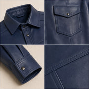Men's Navy Lambskin Leather Shirt - motogrip mens navy lambskin leather shirt close up view by MOTOGRIP GEAR