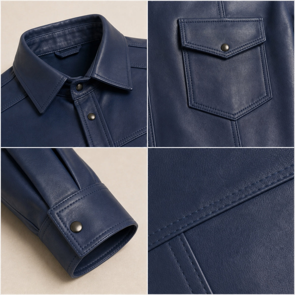 Men's Navy Lambskin Leather Shirt - motogrip mens navy lambskin leather shirt close up view by MOTOGRIP GEAR
