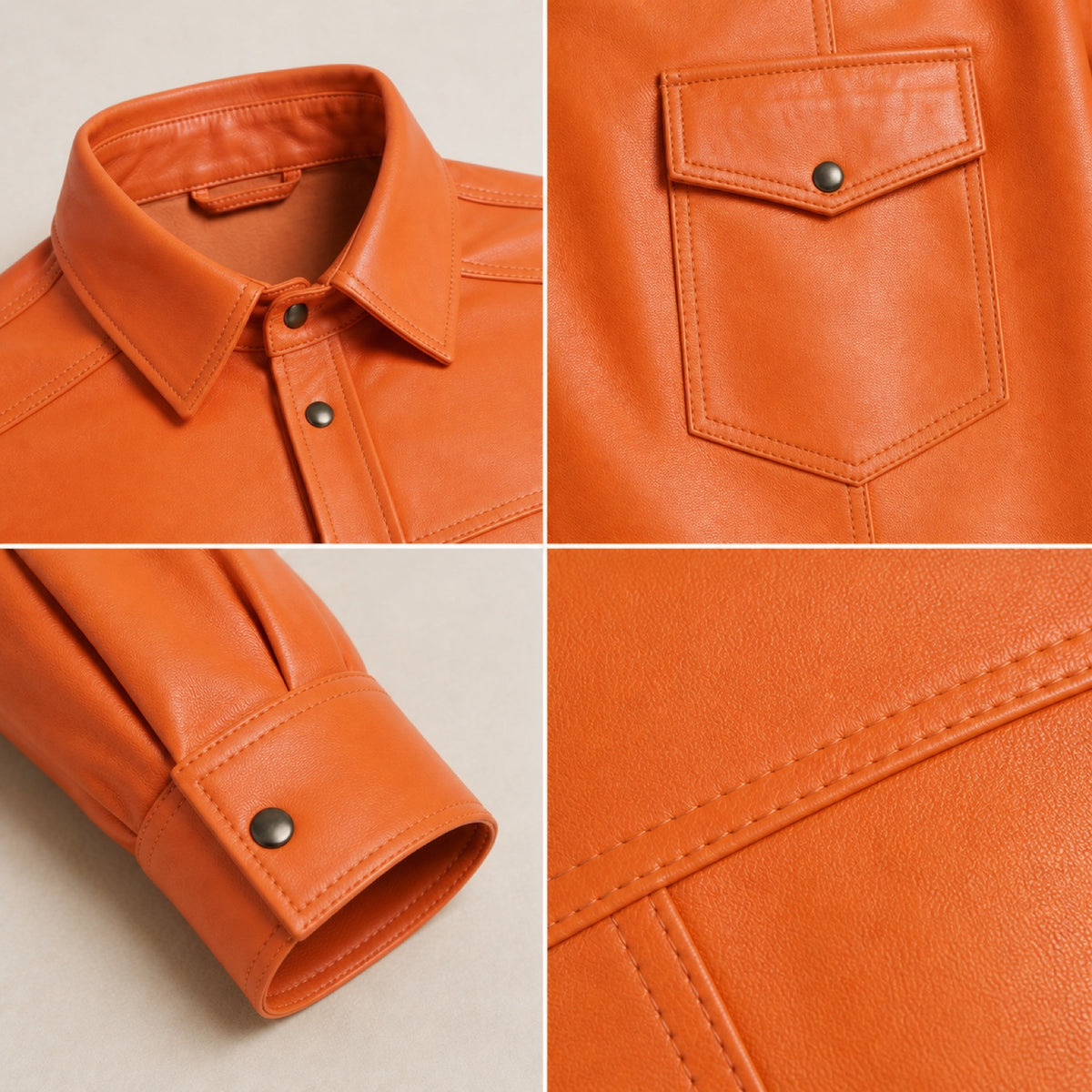 Men's Orange Lambskin Leather Shirt - motogrip mens orange lambskin leather shirt close up view by MOTOGRIP GEAR