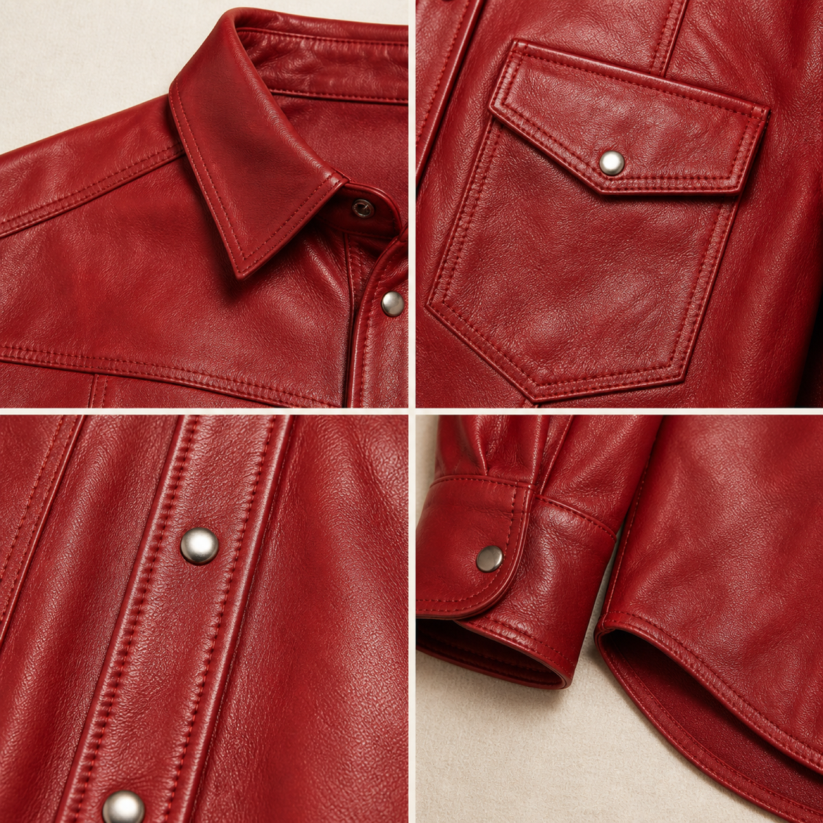 Men's Red Lambskin Leather Biker Shirt - motogrip mens red lambskin leather shirt close up view by MOTOGRIP GEAR