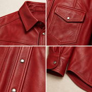 Men's Red Lambskin Leather Biker Shirt - motogrip mens red lambskin leather shirt close up view by MOTOGRIP GEAR