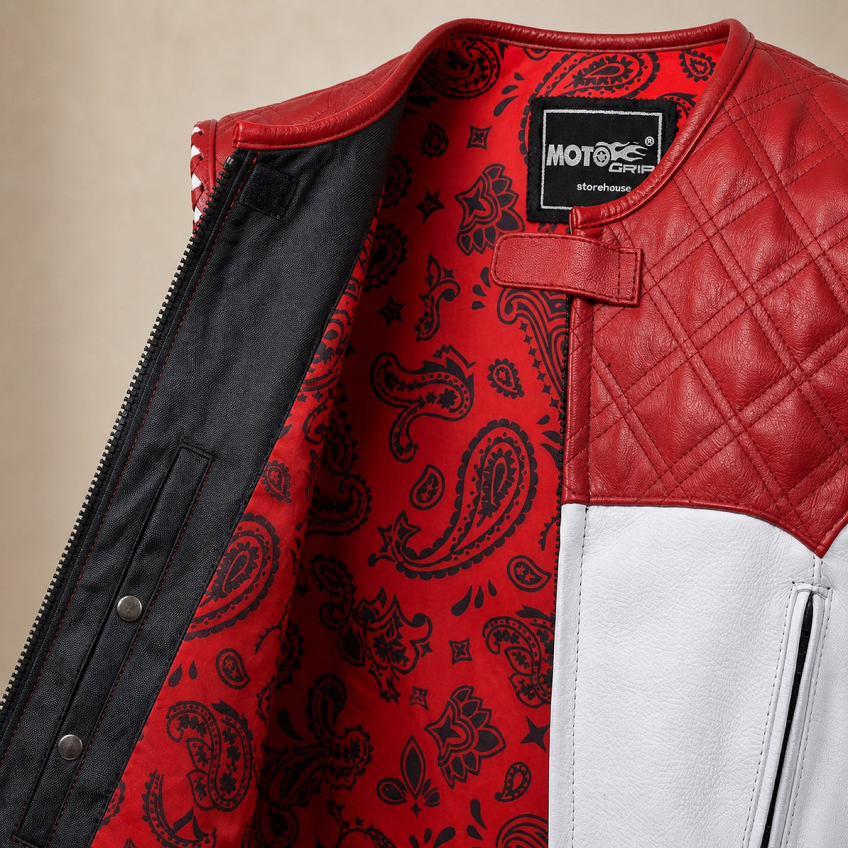 Men's White & Red Quilted Cowhide Leather Motorcycle Vest - motogrip mens red white quilted swat leather vest close up view b