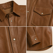 Men's Tan Lambskin Leather Biker Shirt - motogrip mens tan lambskin leather shirt close up view by MOTOGRIP GEAR