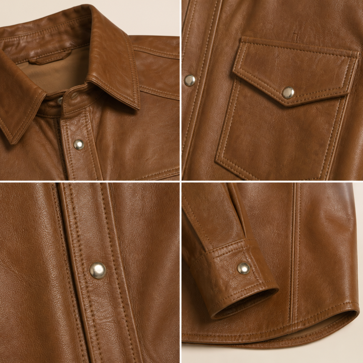 Men's Tan Lambskin Leather Biker Shirt - motogrip mens tan lambskin leather shirt close up view by MOTOGRIP GEAR