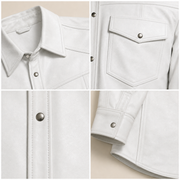 Men's White Lambskin Leather Biker Shirt - motogrip mens white lambskin leather shirt close up view by MOTOGRIP GEAR