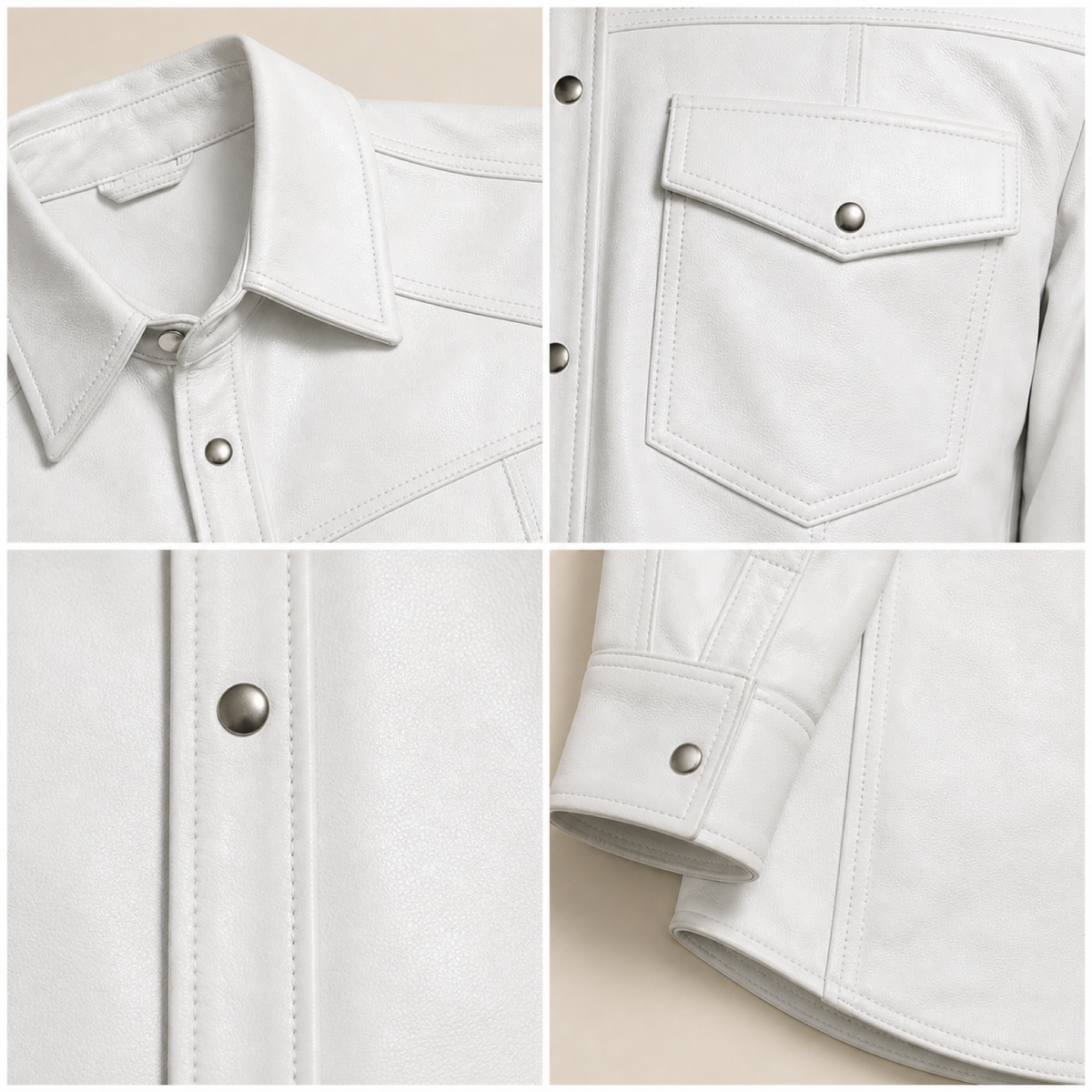 Men's White Lambskin Leather Biker Shirt - motogrip mens white lambskin leather shirt close up view by MOTOGRIP GEAR