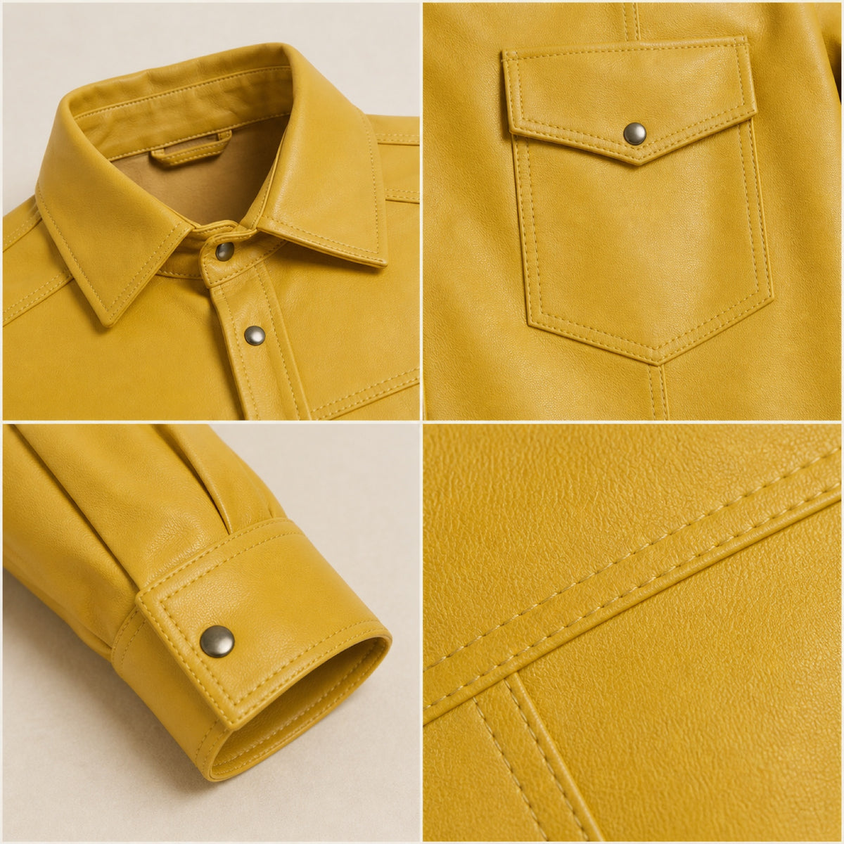 Men's Yellow Lambskin Leather Shirt - motogrip mens yellow lambskin leather shirt close up view by MOTOGRIP GEAR