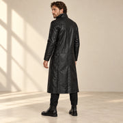 Nightwarden black Napa leather trench coat rear three-quarter view