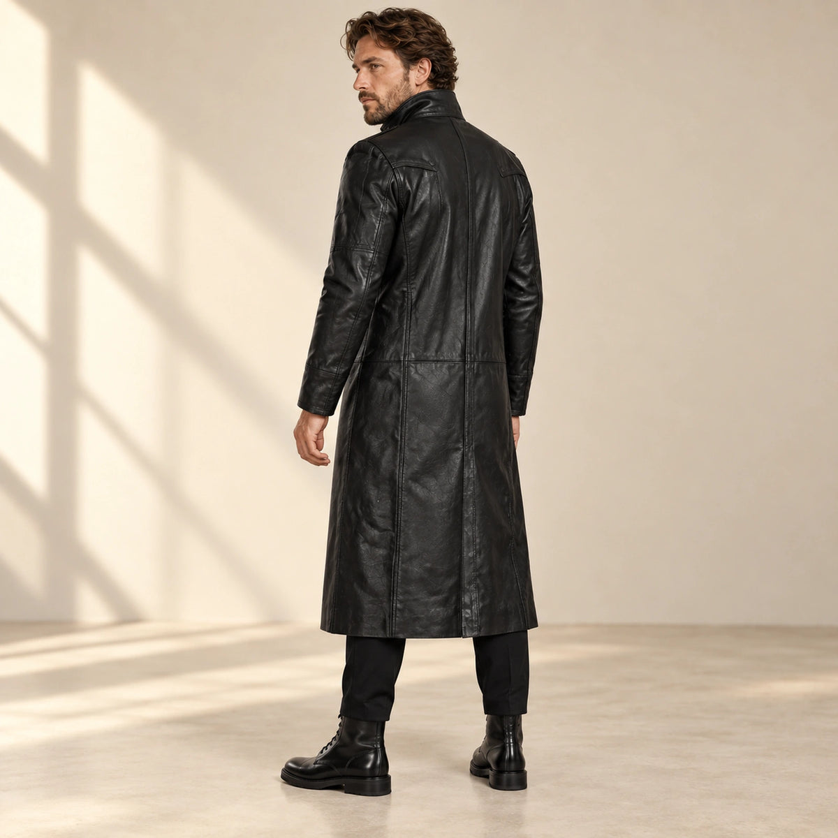 Nightwarden black Napa leather trench coat rear three-quarter view