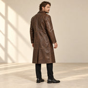 Prestwick dark brown leather long coat rear three-quarter view