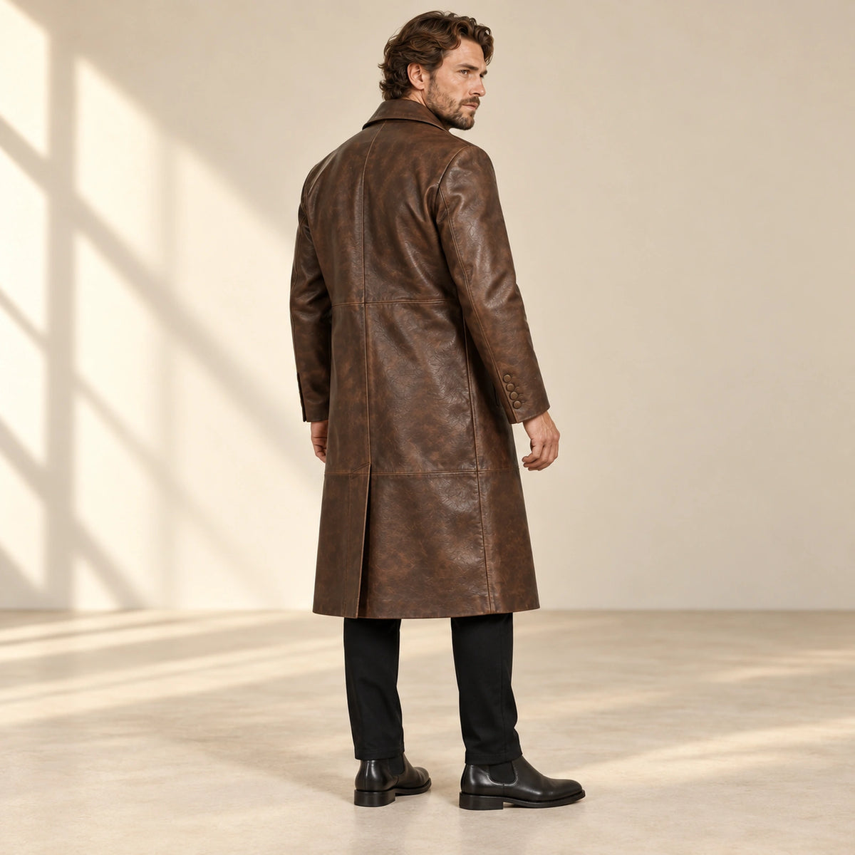 Prestwick dark brown leather long coat rear three-quarter view
