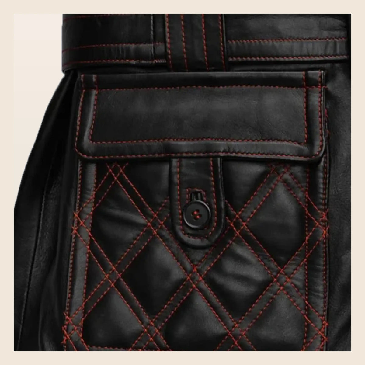 MOTOGRIP Redmere men's Black Quilted Sheepskin Leather Trench Coat, close-up of the quilted pocket and red stitching.
