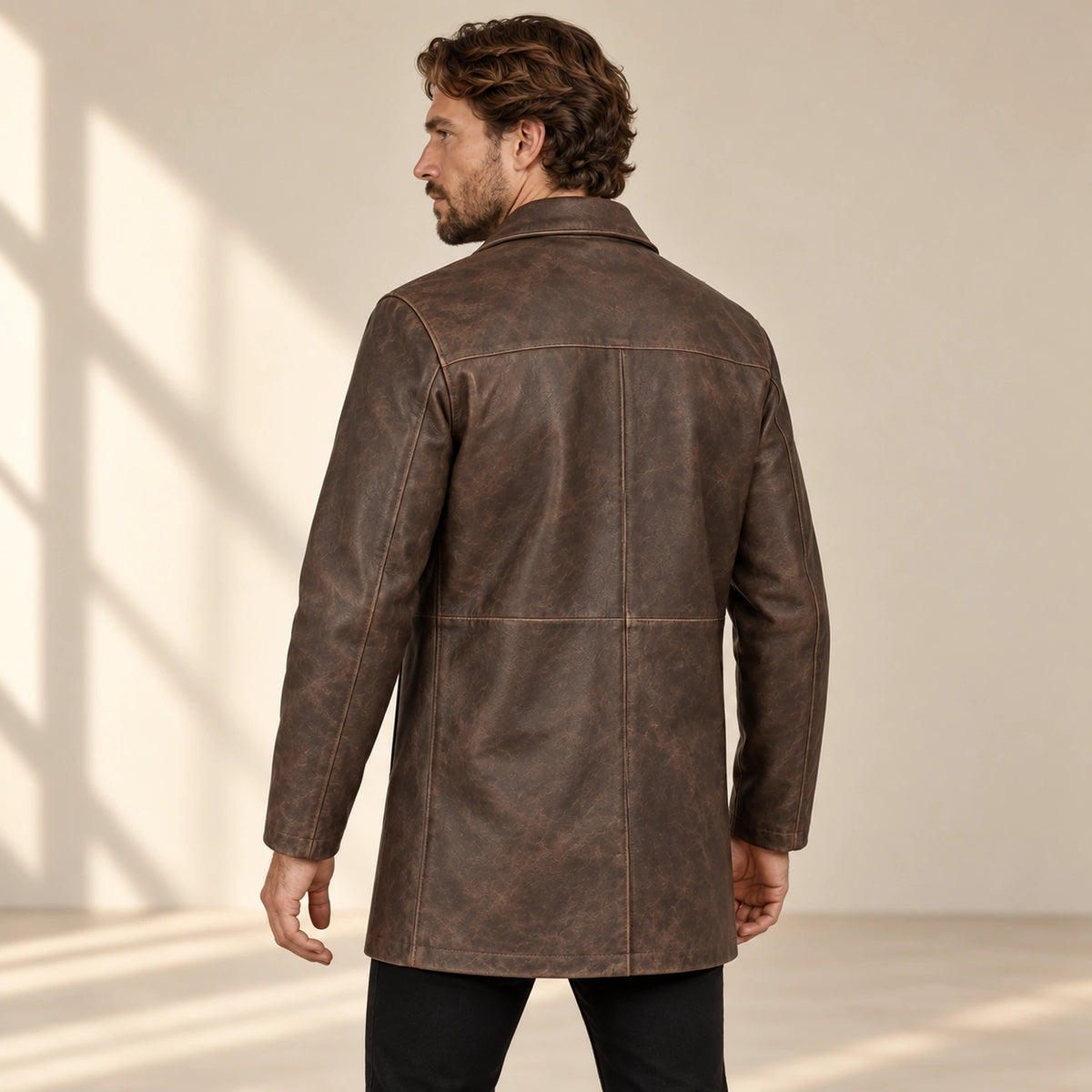 Winfield brown Napa leather coat rear three-quarter view