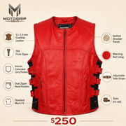 Men's Red SWAT Cowhide Leather Motorcycle Vest - red swat leather vest infographic view by MOTOGRIP GEAR