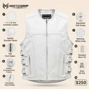 Men's White SWAT Cowhide Leather Motorcycle Vest - white swat leather vest infographic view by MOTOGRIP GEAR