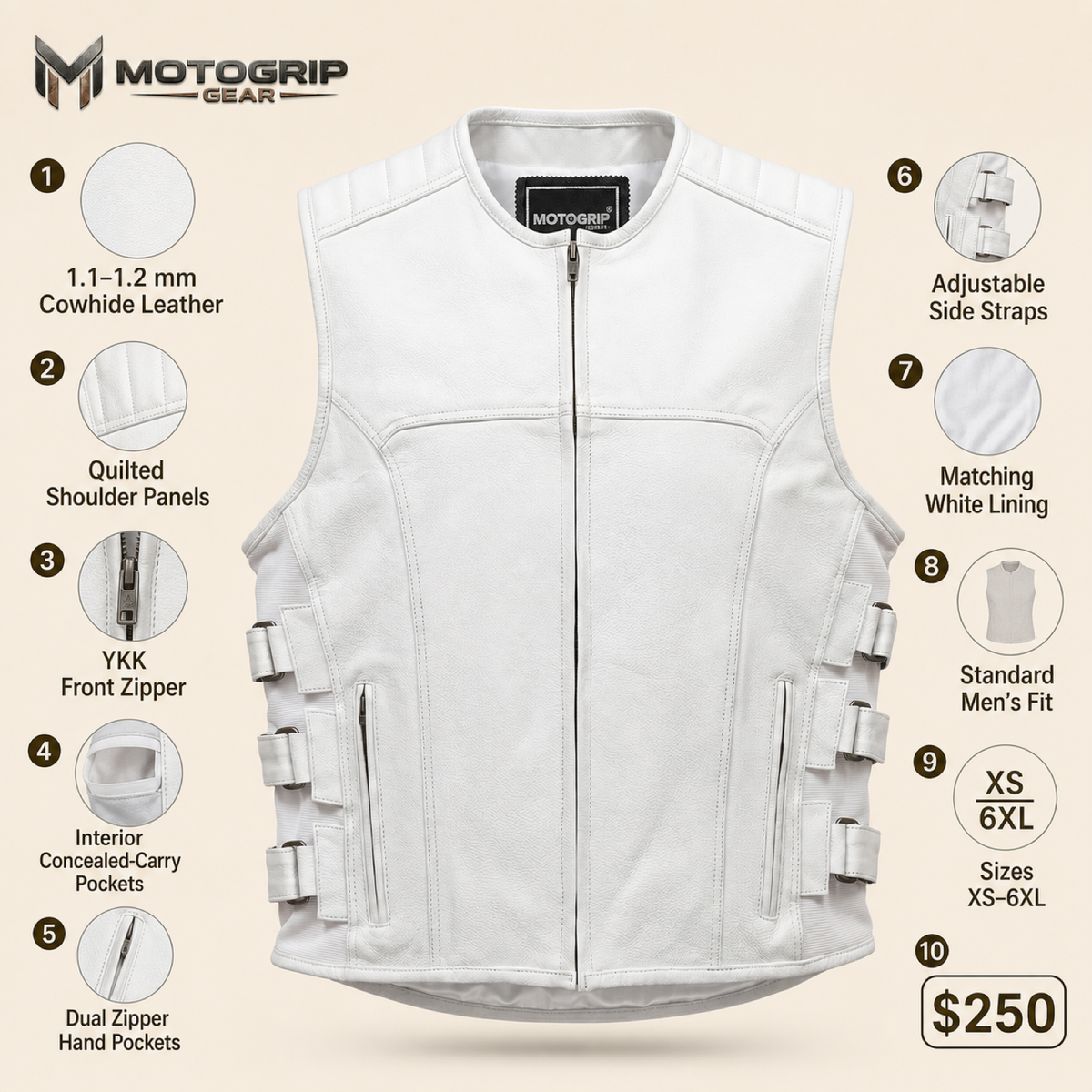 Men's White SWAT Cowhide Leather Motorcycle Vest - white swat leather vest infographic view by MOTOGRIP GEAR