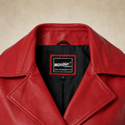 Women's Red Lambskin Cropped Trench Jacket - womens red lambskin cropped trench jacket inner label detail view by MOTOGRIP GE