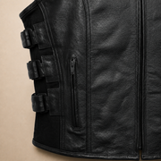 Men's Black SWAT Cowhide Leather Motorcycle Vest - black swat leather vest side straps view by MOTOGRIP GEAR