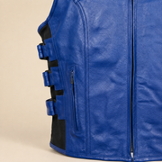 Men's Blue SWAT Cowhide Leather Motorcycle Vest - blue swat leather vest side straps view by MOTOGRIP GEAR