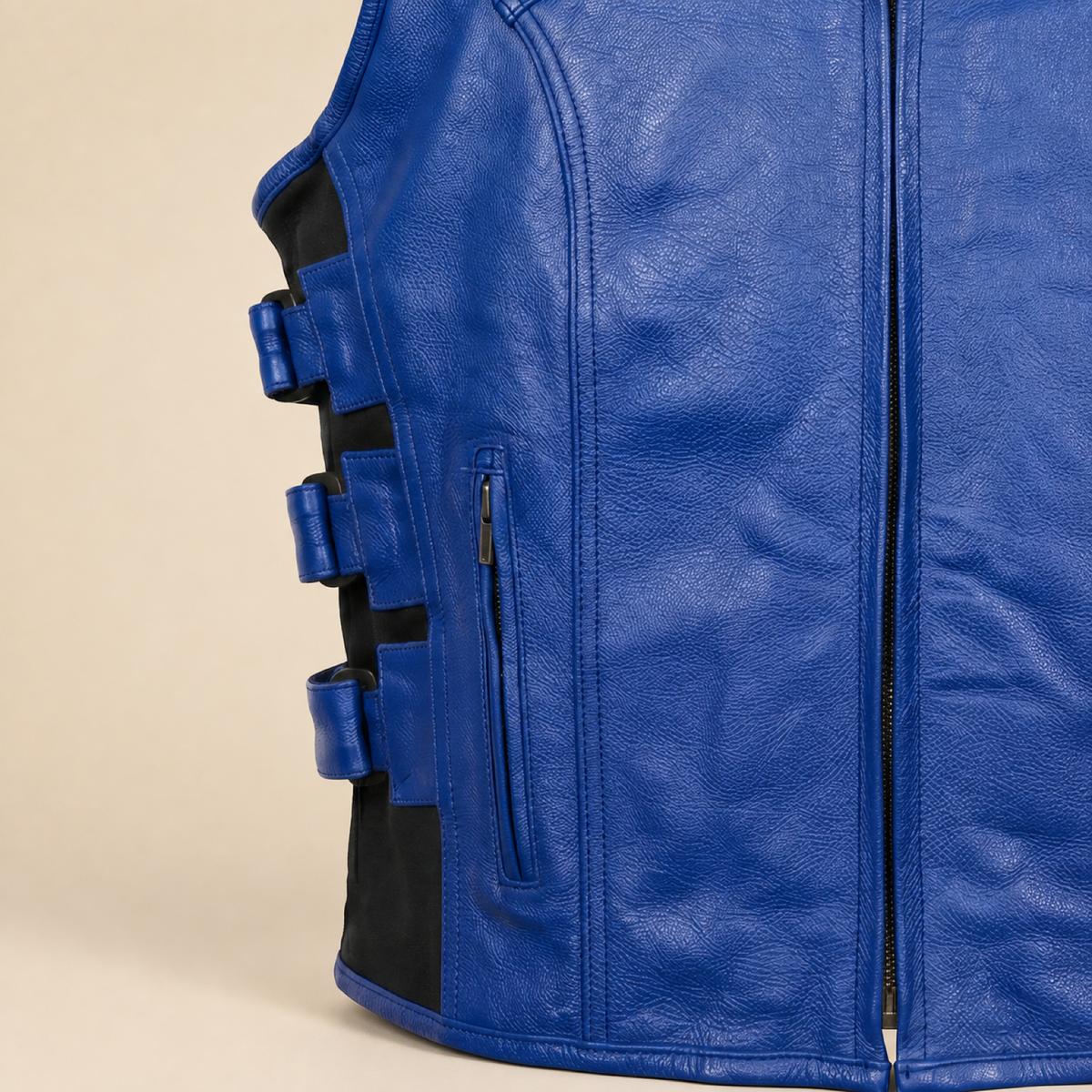 Men's Blue SWAT Cowhide Leather Motorcycle Vest - blue swat leather vest side straps view by MOTOGRIP GEAR