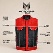 Men's Crocodile & Snake Embossed Leather Biker Vest – Red & Black Side-Lace Waistcoat - infographic view by MOTOGRIP GEAR