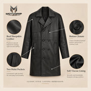 MOTOGRIP Ashvale men's Black Sheepskin Leather Trench Coat, feature infographic.