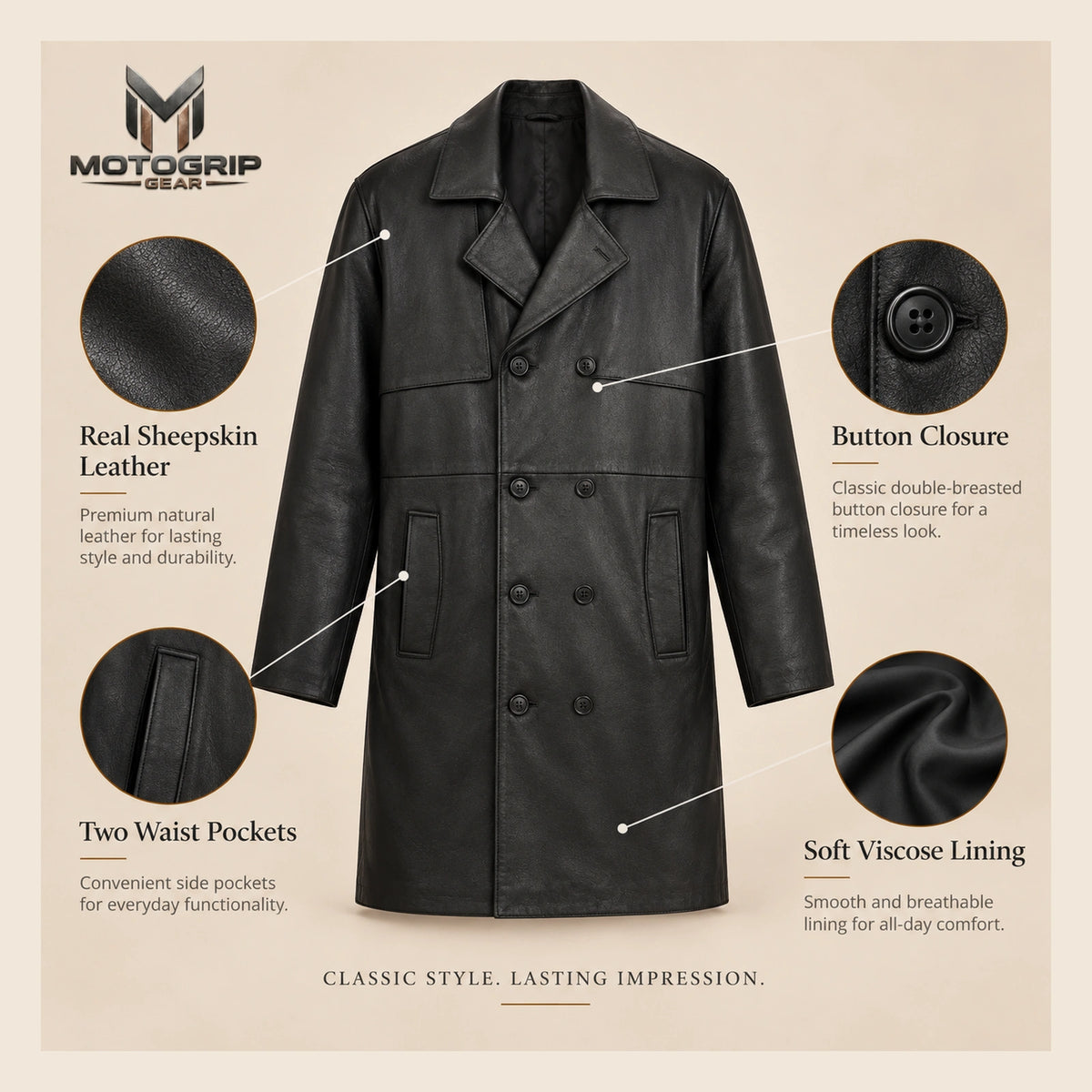 MOTOGRIP Ashvale men's Black Sheepskin Leather Trench Coat, feature infographic.